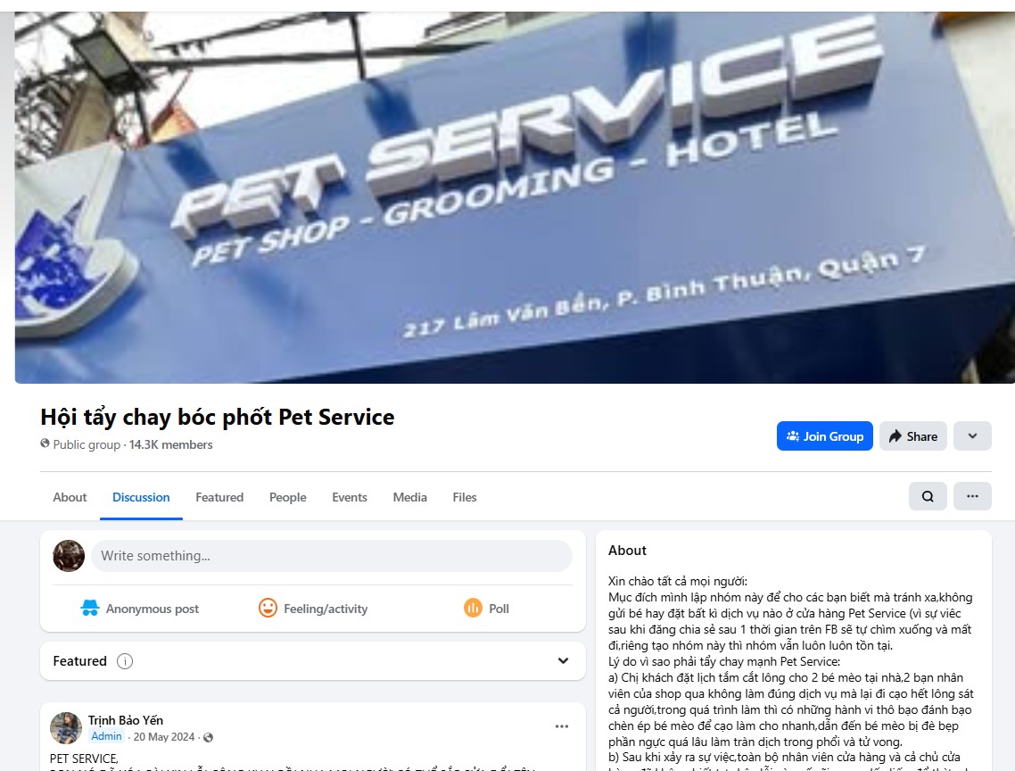 Group giả mạo Pet Service trên Facebook — bằng chứng cạnh tranh không lành mạnh
